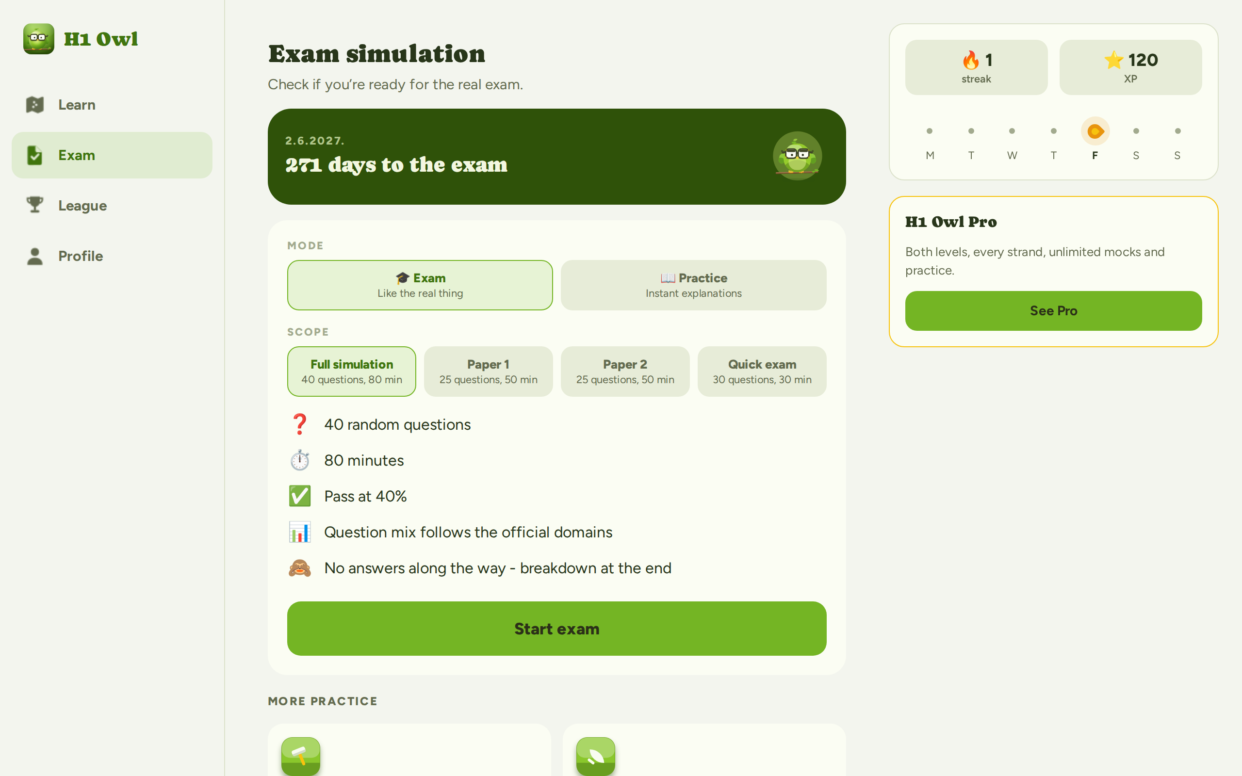 H1 Owl in the browser: Exam simulation, 271 days to the exam, Exam or Practice mode, Full simulation, Paper 1, Paper 2 or Quick exam, and a Start exam button.